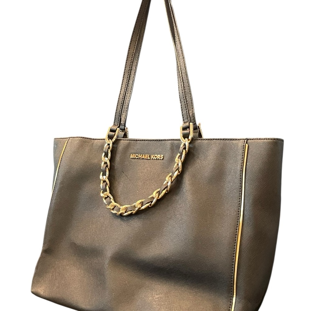 Michael Kors Women’s Harper Black Leather Gold Trim Hardware Tote Bag‎ Chain EUC